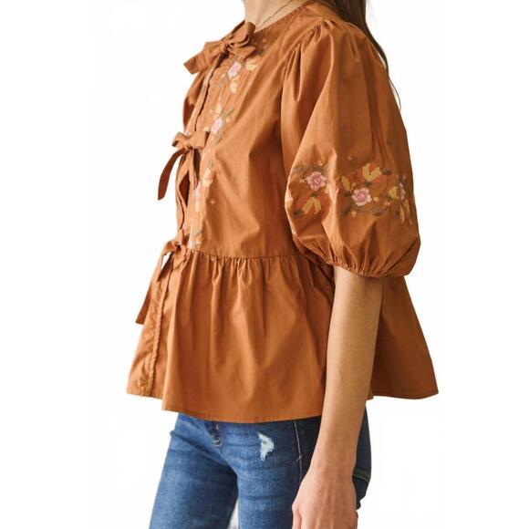 NEW ODDI embroidered poplin ribbon tie blouse in rust - Picture 2 of 3